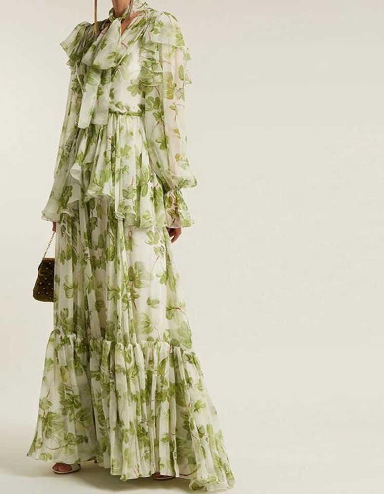 

AELESEEN Runway Fashion Women Dress Designer New Ruffles Green Flower Print Lantern Sleeve Cascading Maxi Party Elegant Dresses Lantern dress, As pic