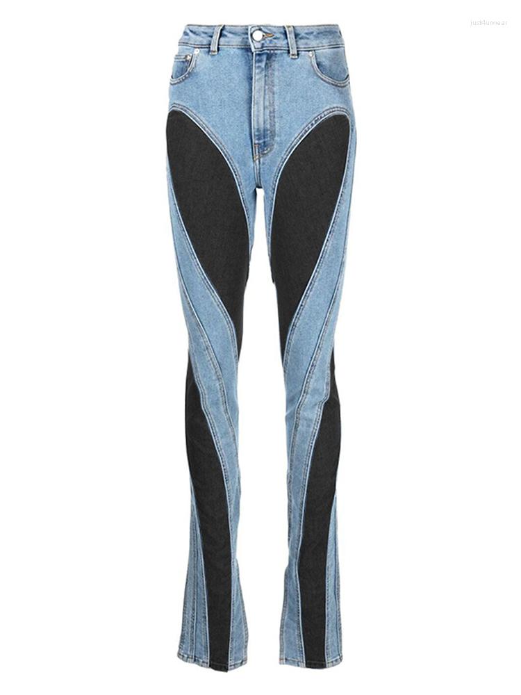 

Fashion Women' Jeans Slim Deconstruct Panelled Patchwork High Waist Split Blue Long Denim Pants Autumn, Blue black