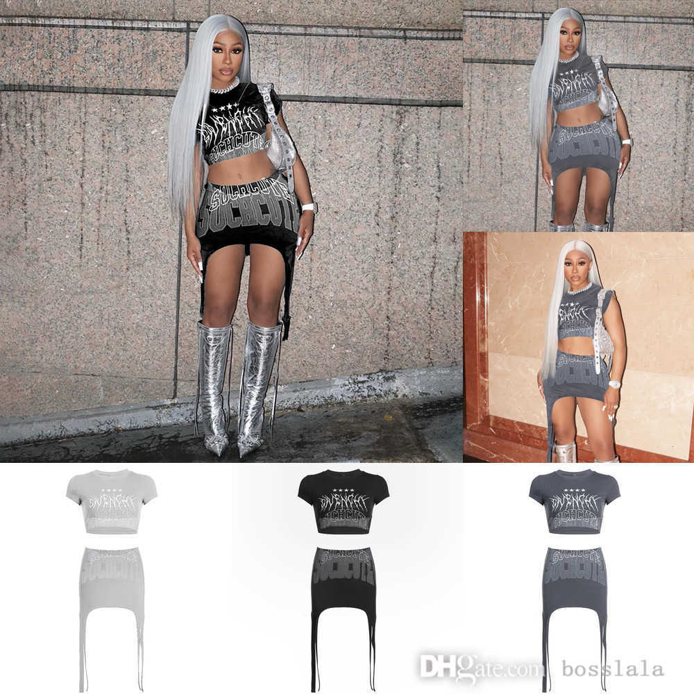 

Fashion Street Dress Womens Sexy Open Umbilical Slim Fit T-shirt Irregular Half Skirt Letter Print Set, Gray