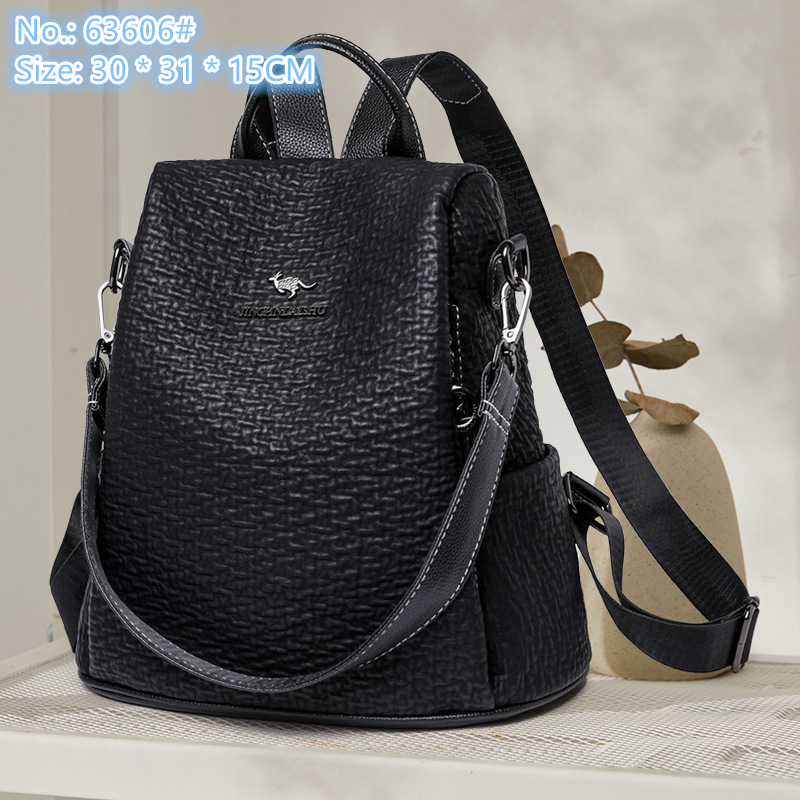 

Factory wholesale ladies shoulder bags 2 styles simple and versatile black handbag large-capacity embossed lychee leather backpack sewing fashion bag, Black2-63606#