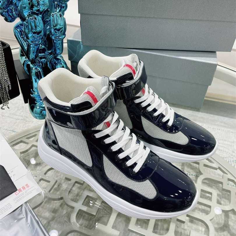 

Designer Men America Cup Shoes High Patent Leather Flat Trainers Black Blue Mesh Lace-up Nylon Casual Shoe Outdoor Sneakers WIth Box size46