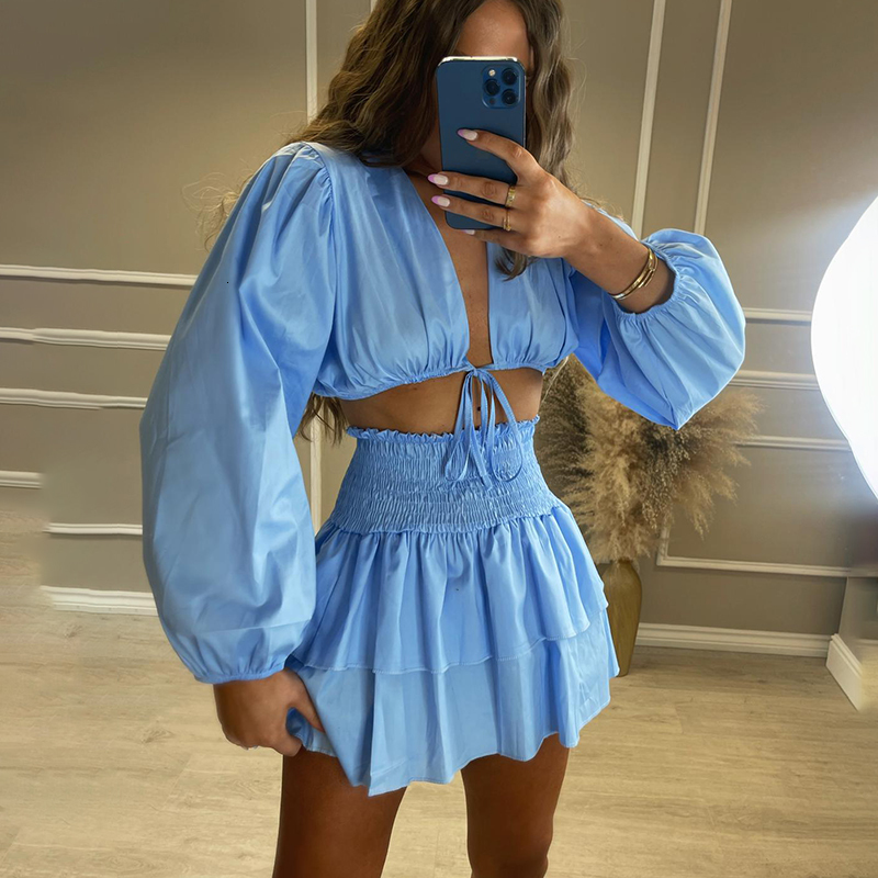 

Two Piece Dress Fandy Lokar V Neck Short Tops Suits Women Fashion Lace Up Solid Suit Women Elegant Ruffle Mini Skirts Suits Female Ladies 230224, Yellow