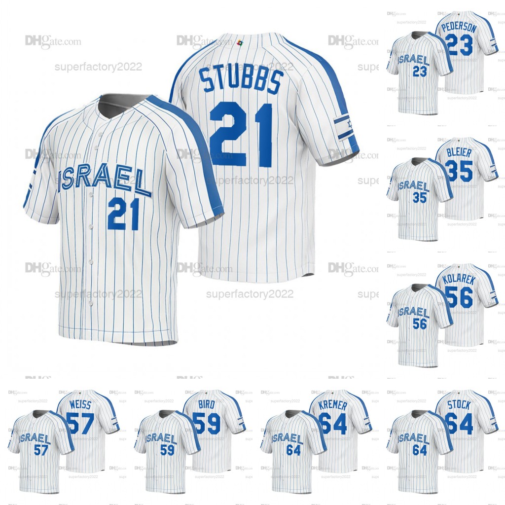 

Team Israel Jersey 2023 World Baseball Classic Jersey WBC Garrett Stubbs Joc Pederson Richard Bleier Adam Kolarek Zack Weiss Jake Bird Jake Bird, White