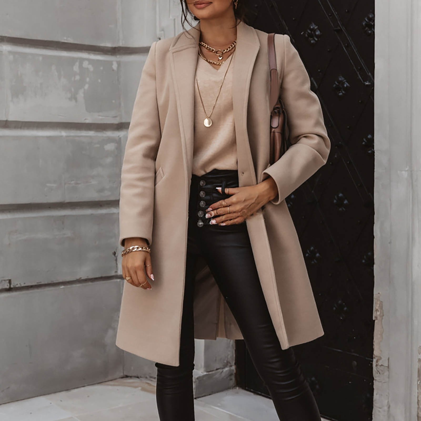 Womens Jackets Autumn Winter Jacket Fashion Solid Colors Long Sleeves Lapel Midlength Button Woolen Coat Outerwear Ladies Overcoat#g3 230224