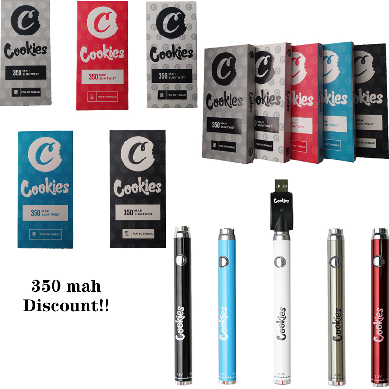 

Cookies Vape Pen Battery 350mah VV Preheat 3.3-4.8V Slim Twist 510 Thread Dab Thick Oil Cartridge Blister Packaging Bottom Spinner SS Adjustable For Atomizers Wax, Customize