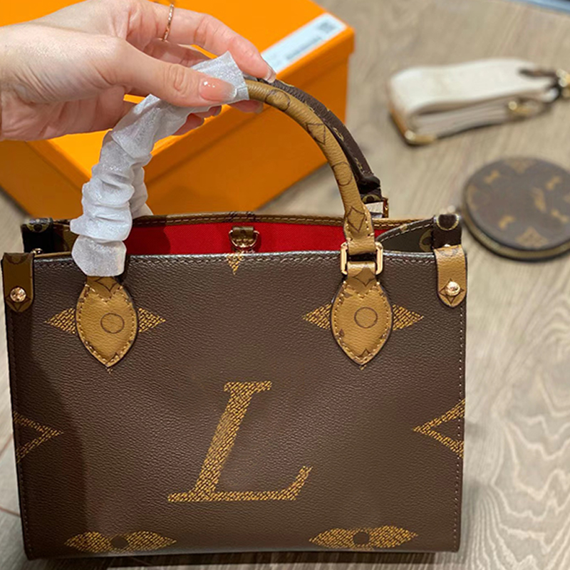 

Onthego PM tote bag designer shopping bag Ribbon shoulder strap Coin bag Ladies handbag Fashion shoulder bag Leather canvas Luxury crossbody bag Mini New 2023, Brown
