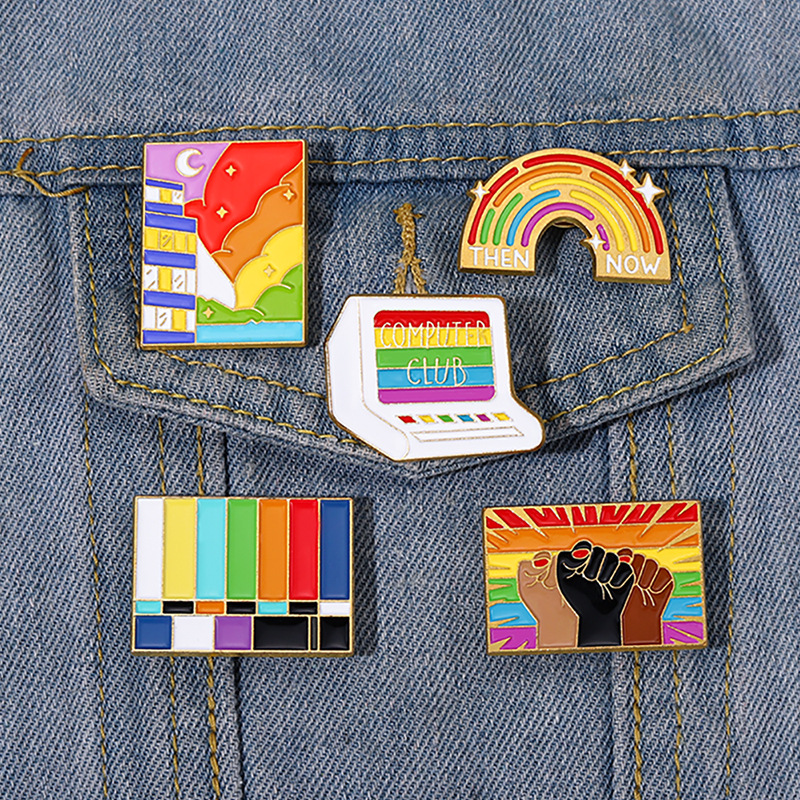 

New Rainbow Painting Brooches Pins Fist Music Computer Moon Ornament Enamel Alloy Corsage Badge