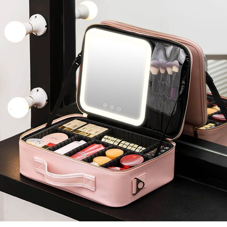

Cosmetic Bags Cases Lighted Case with Mirror LED Portable Bag Large capacity Makeup Storage Box Make Up for Women Q44 230223, Pink