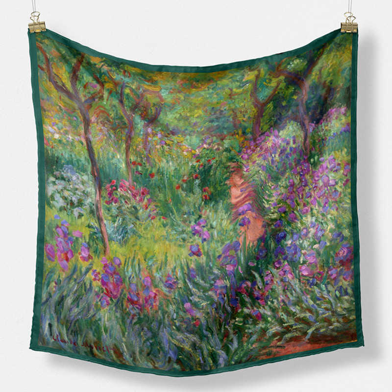 

100% Twill Silk Scarf Women Hijab 53cm Square Hair Bandana Head Scarf Neckerchief Monet Alice Gard oil painting Neck Scarf