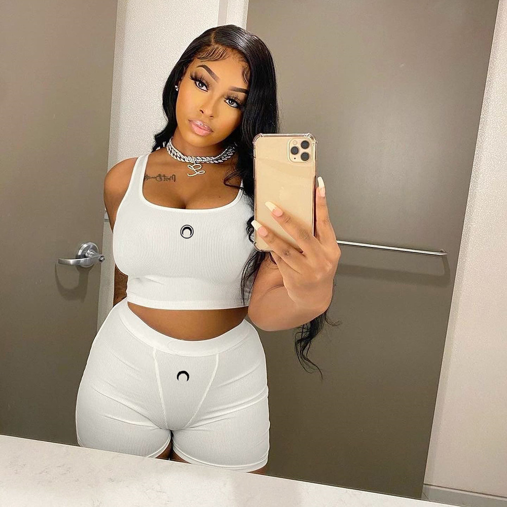 

Two Piece Sets Summer Sport Moon Sleeveless Tank Top Shorts Set Women Casual Print Tracksuits Female Club Outfits, White