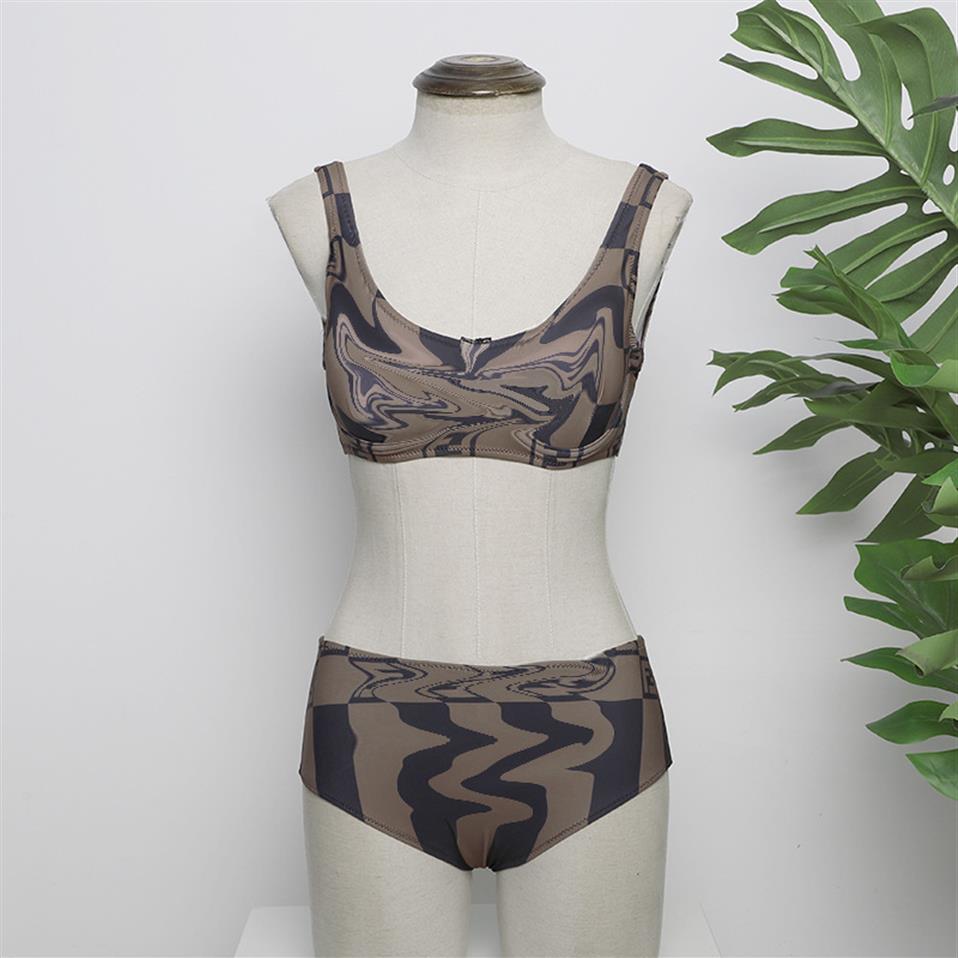 

New Women' Sexy Ff Letter Print High Waist Split Steel Bracket Gathered Tide Brand Swimsuit251u, Brown