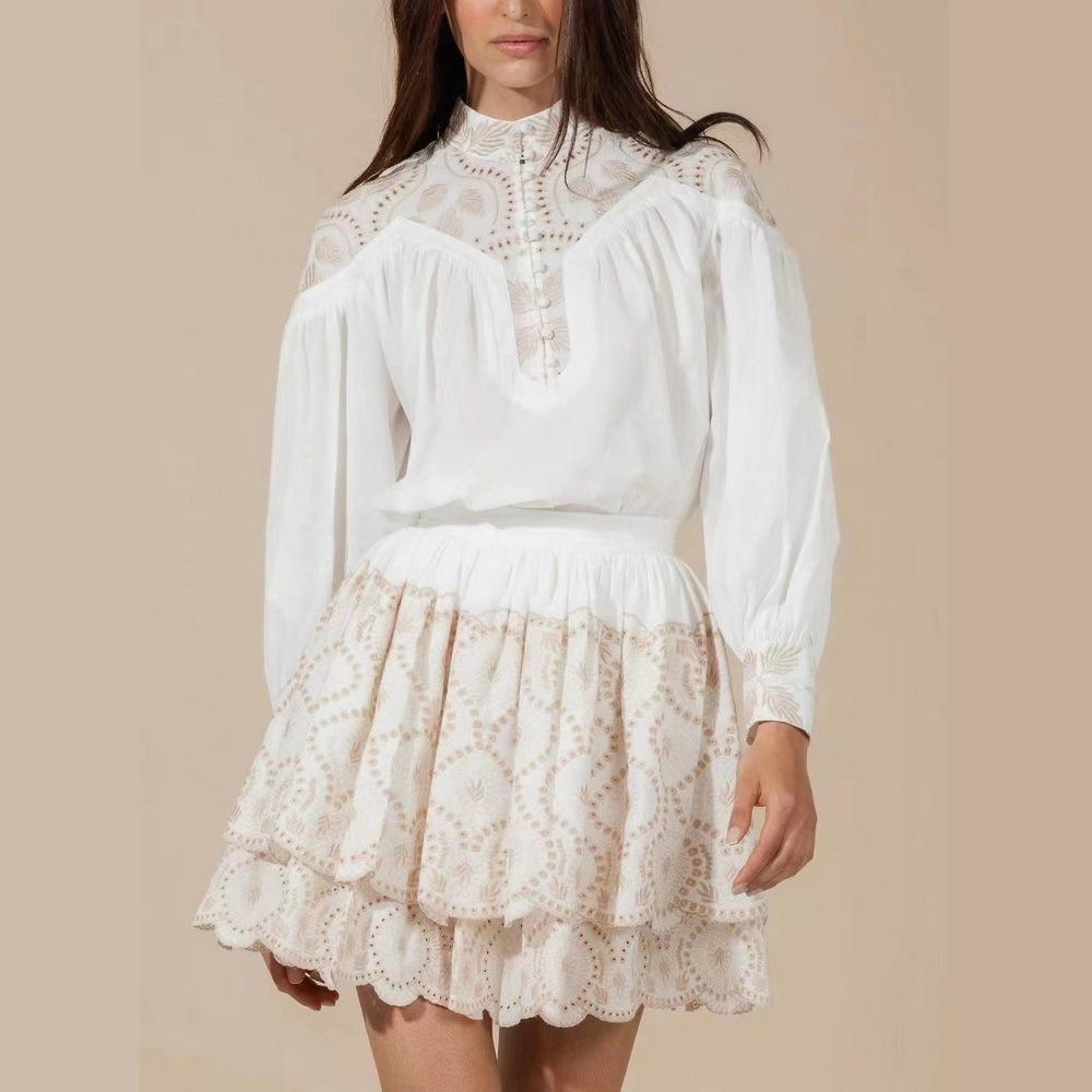 

Two Piece Dress Stand collar lantern sleeve embroidered cut-out mini dress, Pink