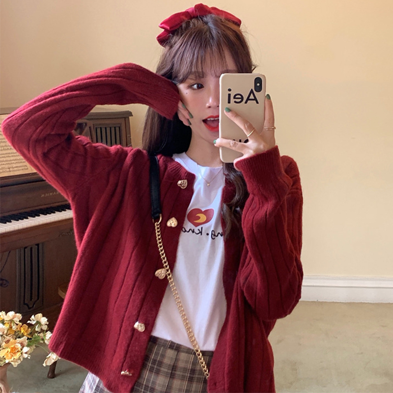 Women's Knits Tees Kawaii Woman Sweaters Knitted Cardigan Winter Korean Fashion Cute Heart Buttons Long Sleeve Burgundy Red White Sweater Tops