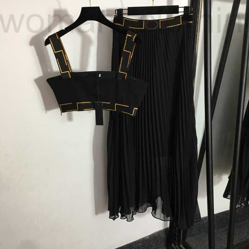 

designer Women Black Dresses Vests Sexy Halter Tops Dress Creative Embroidery Female Camis Set