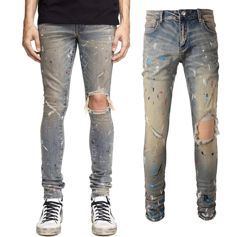 

Plus Size 38 Denim Jeans Men's Painted Destory Hole Slim Fit, Amr-5636