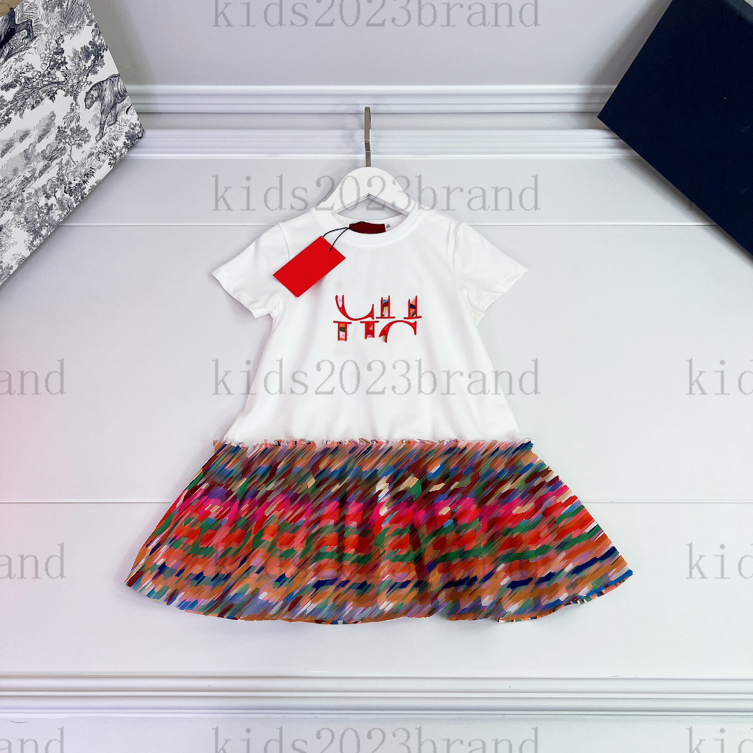

2023SS girls stitching dress court style short sleeve cotton skirt high-end girls dresses summer princess dress brand designer kids pleated dress 90-160cm, 6#