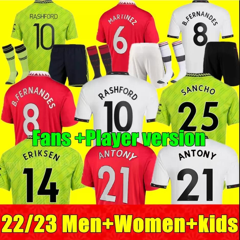 

New SANCHO soccer jerseys 22 23 CASEMIRO WOMEN MANS UTDS MARTIAL MANCHESTERS B.FERNANDES RASHFORD Martinez Antony ERIKSEN 2022 2023 football shirt men kids kit set, 22/23 adult 3rd+league patch