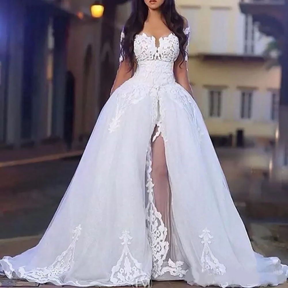 

White Wedding Dresses Ivory Bridal Gowns V-Neck A Line Tulle Organza Long Sleeve NONE Train Plus Size Custom Lace Up Zipper Applique, Same as image