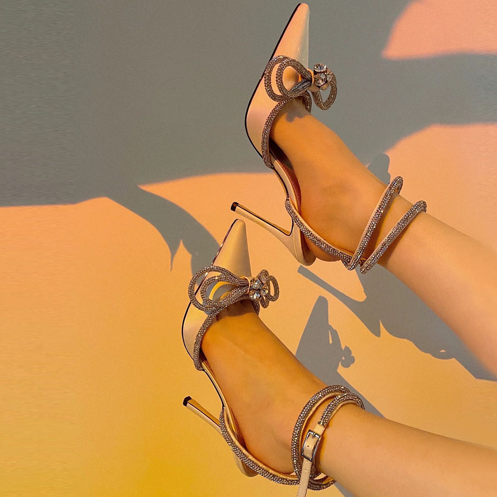 

New style Mach&Mach bow tie sandals crystal wrapped stiletto evening dress shoes 9.5 cm diamond heart high heels luxury designer Wedding shoes party dress shoes, 10# 9.5cm