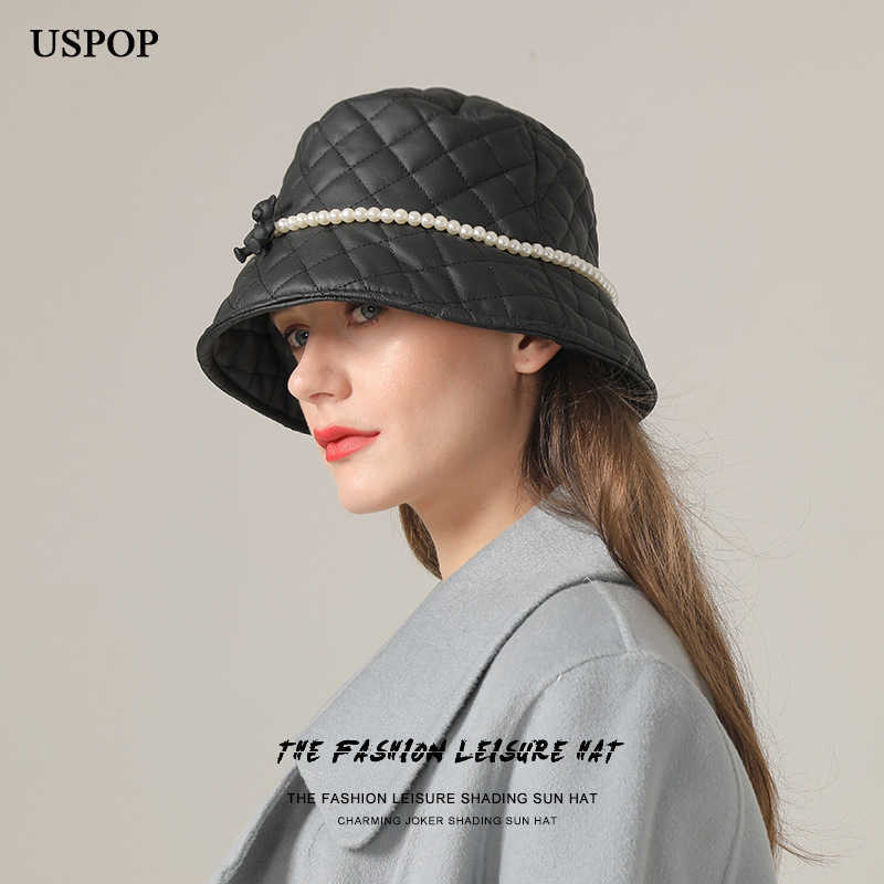 

HBP Brand Wide Brim Hats USPOP Designer Black Plaid PU Bucket Hats Casual Women Winter Pearl Warm Hats P230327
