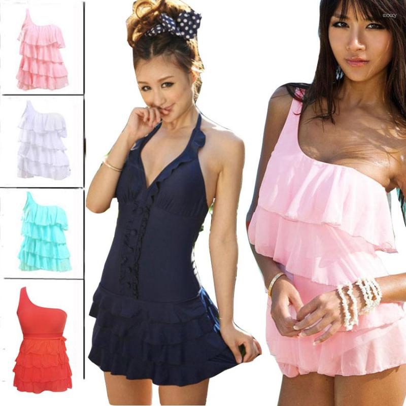 

Women's Swimwear Cute Women Girls Off Shoulder One Piece Swimsuit Padded Bikini Ruffles Pleated Swimdress Bathing Suit, Red