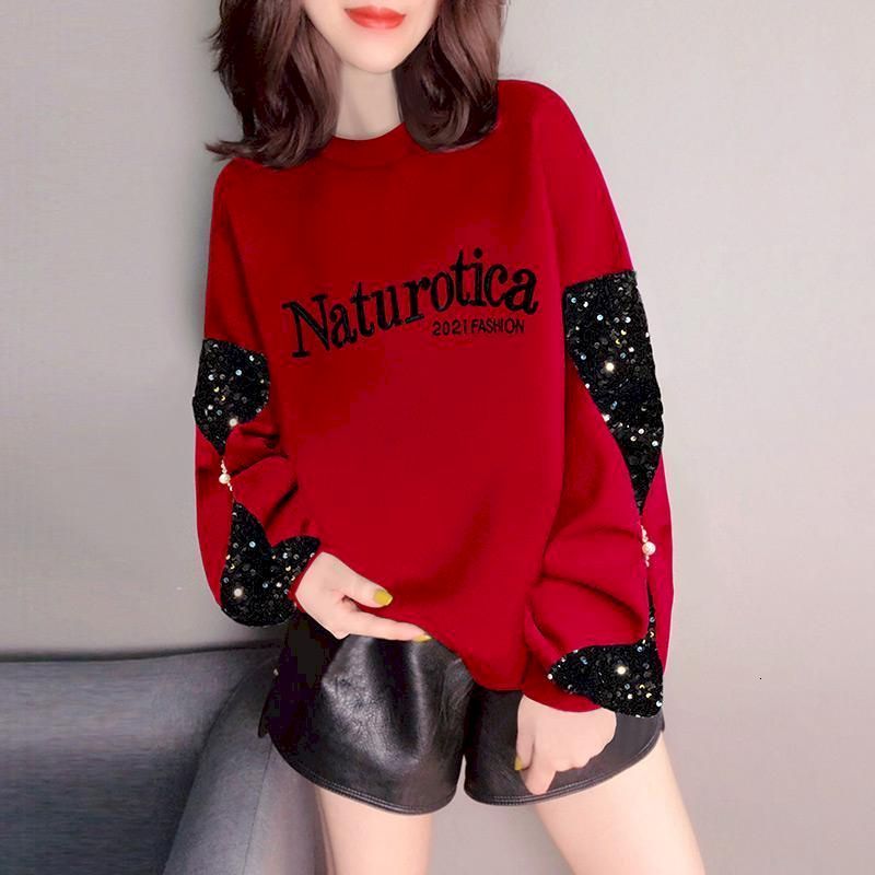 Womens Hoodies Sweatshirts Letter Printed Pullovers Women Spring Casual Tops Sequin Stitching Round Neck Loose Pullover Fashion Trend Clothing 23022