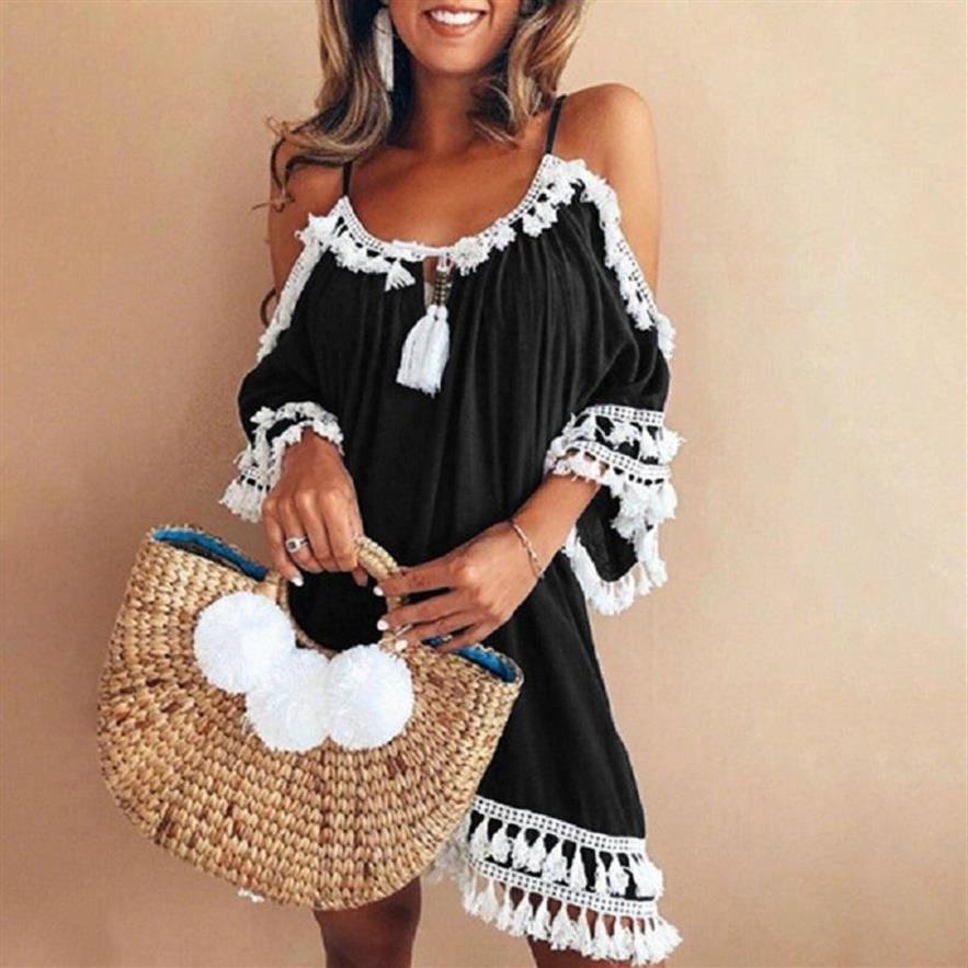 

Casual Dresses Ladies Summer Skirt Halter Neck Fringed Off-shoulder Dress Solid Color Sun 2021 Fashion Plus Size Women' Clot292f