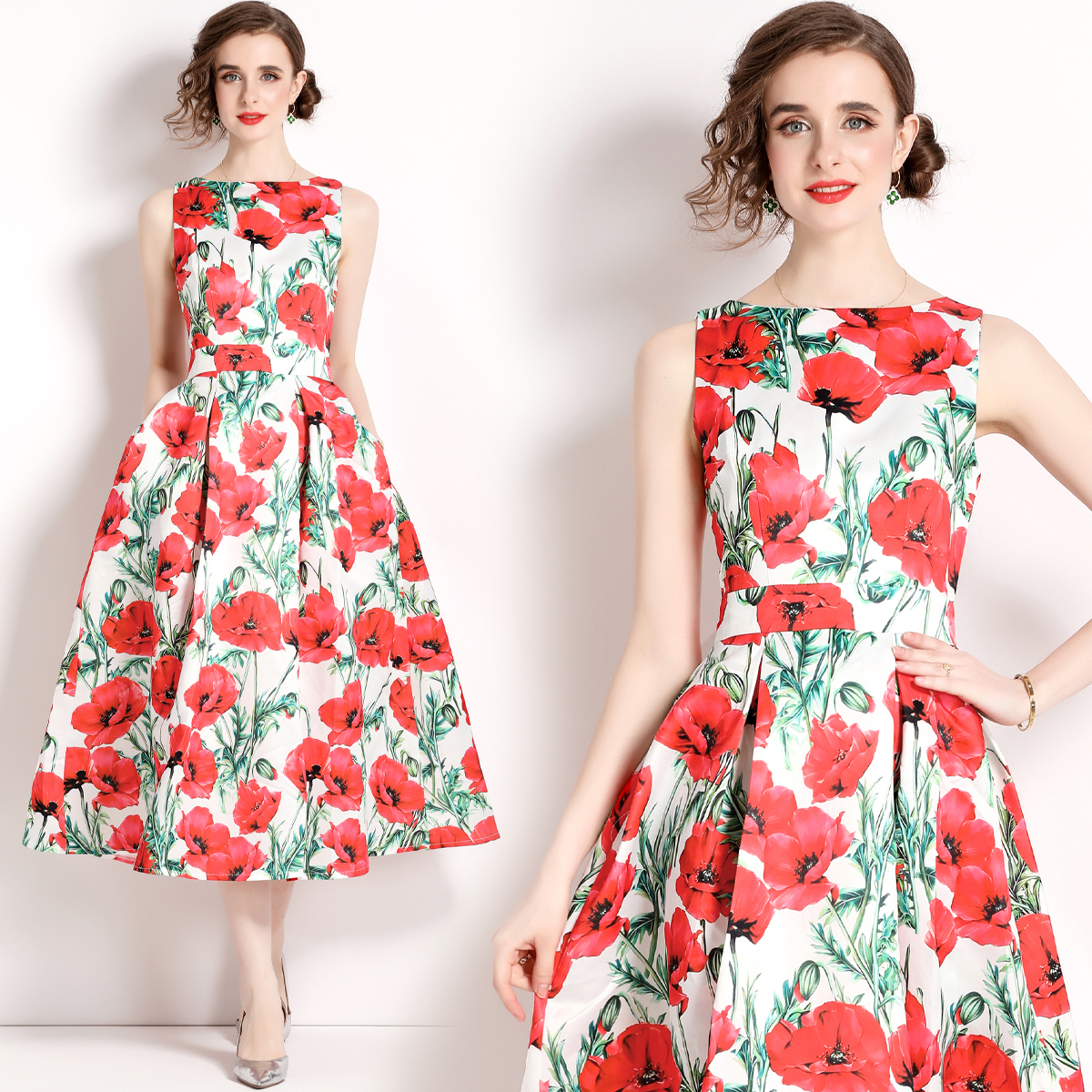 

2023 Floral Vest Robe Women Designe Dresses Summer Birthday Dinner Sexy Slim High Waist Loose Big Swing Midi Dress For Special Occasion Ladies Chic Club Party Frocks