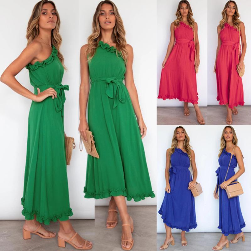 

Casual Dresses Summer Green Tunic Maxi Dress V Neck Robe Femme Belt Elegant Ruffles Party Long Spaghetti Strap Vestidos MujerCasual, Blue