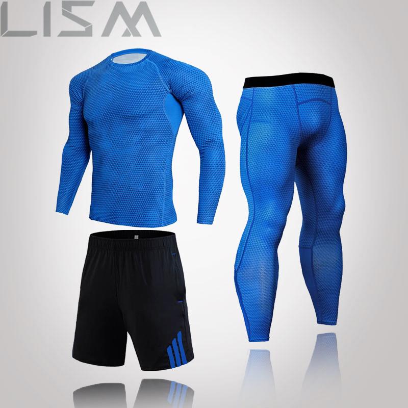 

Men' Thermal Underwear 3 Pieces/Set Of Track Suit Gym Fitness Compression Sports MMA Snake Skin Bodybuilding T-Shirt