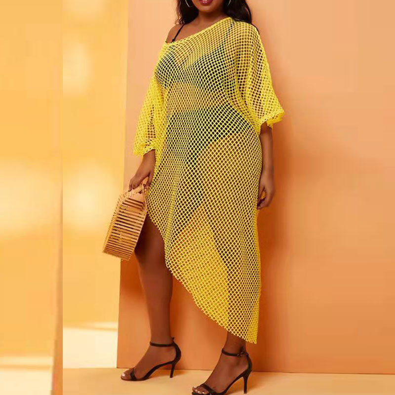 

Beach Pullover Medium Sleeve Short Style Beach Sunscreen Large Size Loose Hollowed Out Knitted F278, Yellow