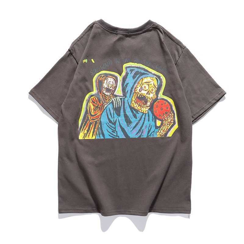 

Designer t Shirt Kanyes Wests Same Spring and Summer Round Neck Short-sleeved Hell Ghost Door Graffiti Trend Men and Women's Half-sleeved Upper Garment 2023, Grey 228
