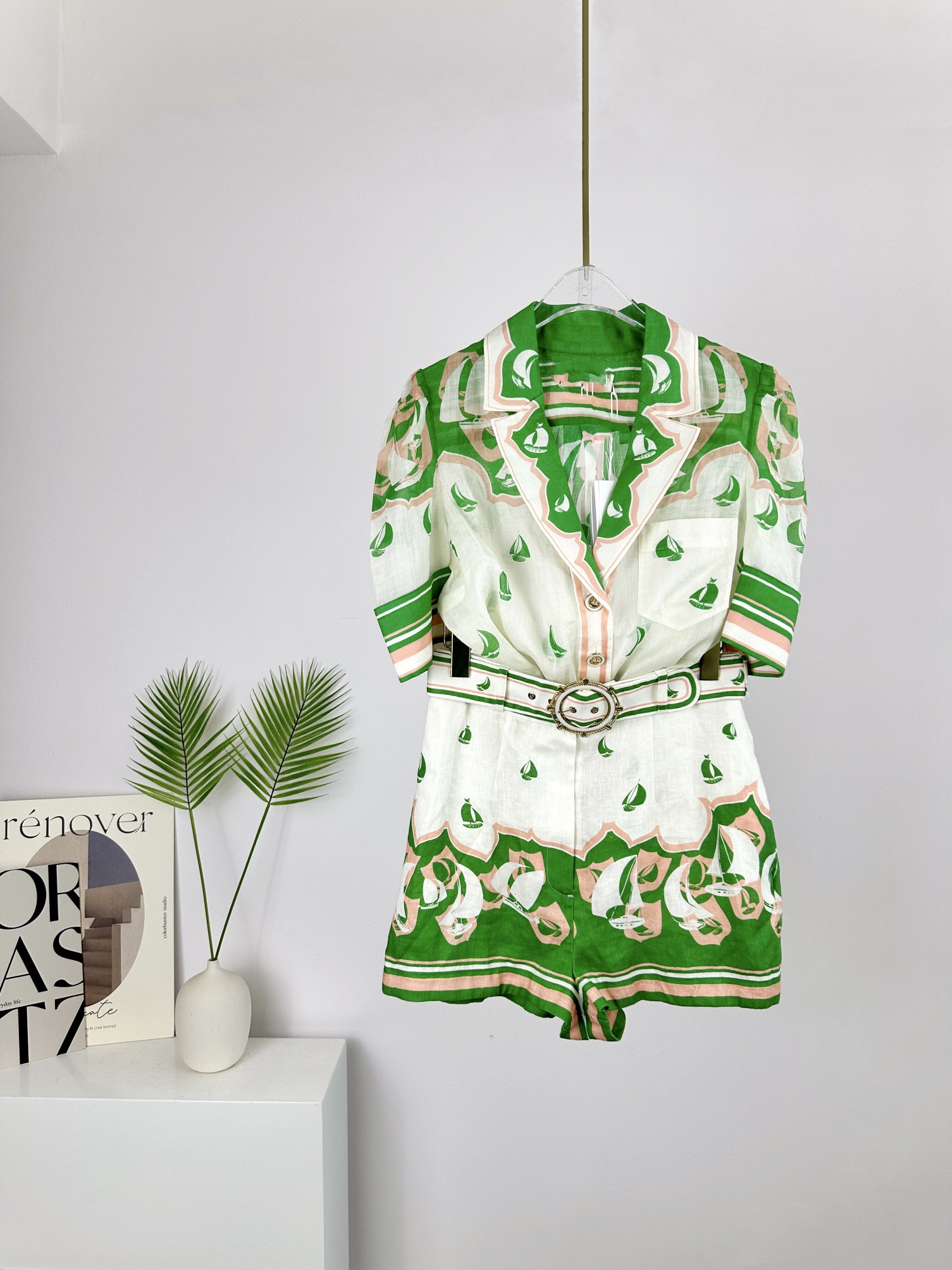 

Two Piece Dress 2023 Australian fashion new spring and summer holiday series sailboat pattern bubble sleeve shirt belt waist shorts, Multi