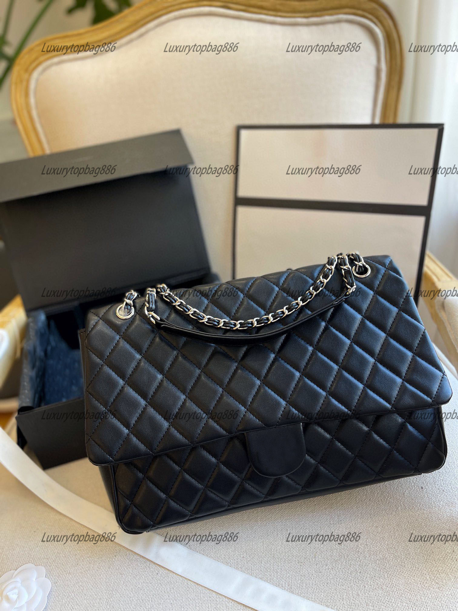 

Vintage CC Large Tote Bag Designer Fashion Plus CF Handbag Women Leather Crossbody Bag Silver Chain Luxury Shoulder Bags Wholesale 7A Top Big Purse Clutch Beach Bag, Plaid black with siver hardware