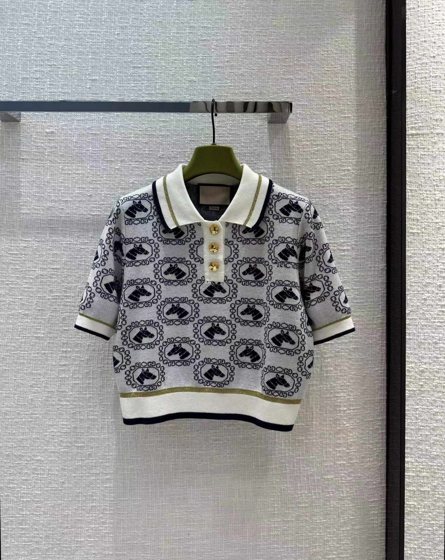 

Milan Runway Sweater 2023 New Spring Summer Lapel Neck Short Sleeve Print Women' Sweaters High End Jacquard Pullover Designer Sweater 0225-5, Customize