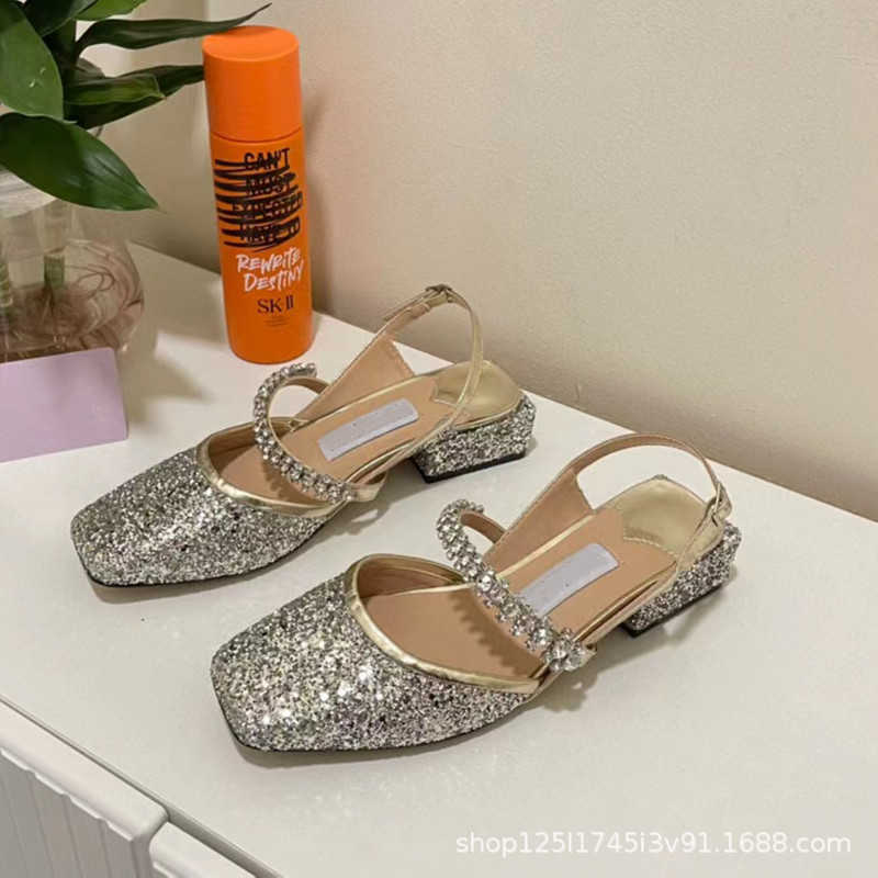 

Designer Mary Jane Sandals 2023 Spring New Straight line Diamond Flat Women's Personality Square High Heel Single Shoes Women, Black patent leather