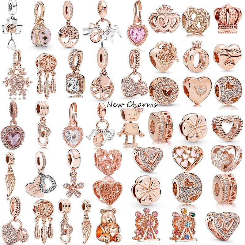 

New Double Heart Rose Gold Charm Beads Pendants Dangle Fit European Bracelet Bangle DIY Women Jewelry Gift