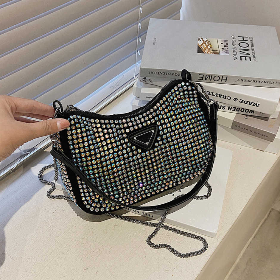 

High quality luxury fashion bag New selling hot drill underarm women's Rhinestone glittering magic stick messenger bagHigh, Black6