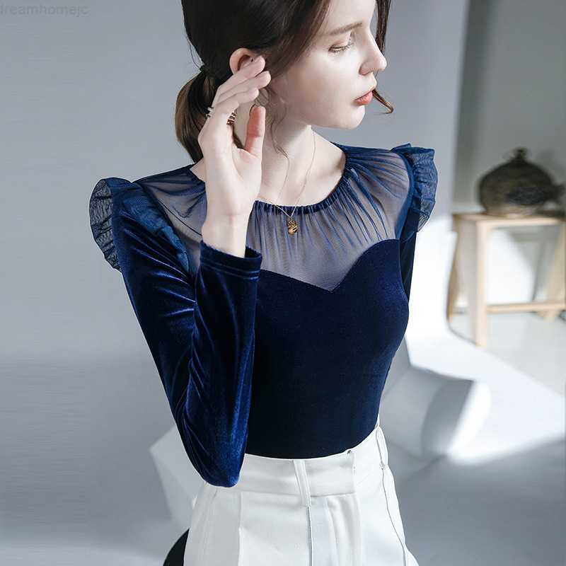 

Gold Velvet Stretch T-shirt Bottoming Shirt Women's Long-sleeved Fashion Dance Clothes Perspective Sexy Mesh Harajuku Y2k Top 0225, Chunlan