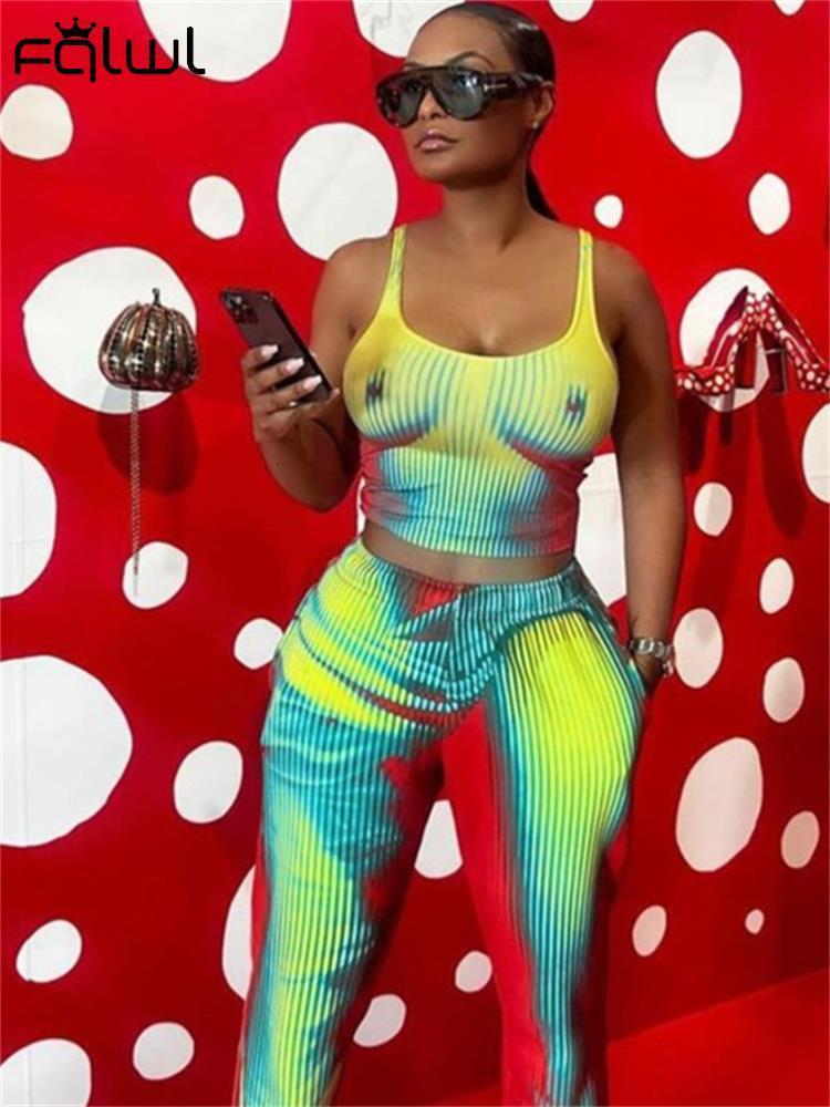 

Women' Two Piece Pants FQLWL Streetwear 2 Two Piece Sets Tracksuit Women rave Outfits Sleeveless Crop Tops Pants Sets Print Tie Dye Matching Sets 230225, Green