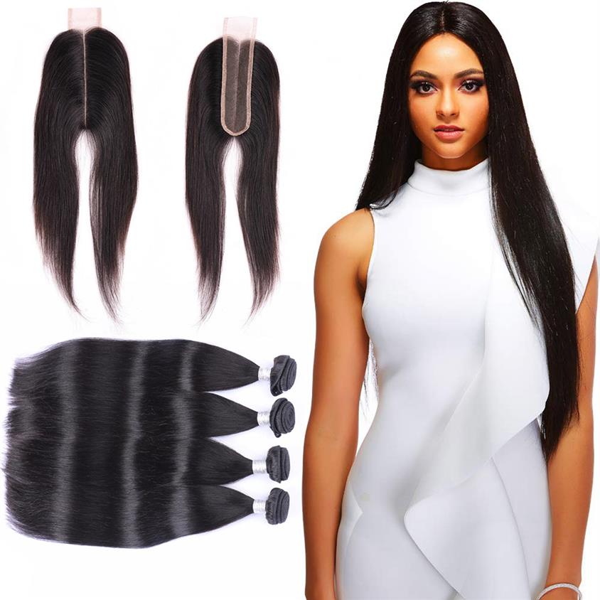 

Brazilian Virgin Hair Extensions 10-30inch Human Hair 4 Bundles With 2X6 Lace Closure Straight Hair Wefts With 2 6 Middle Part294G, Natural color