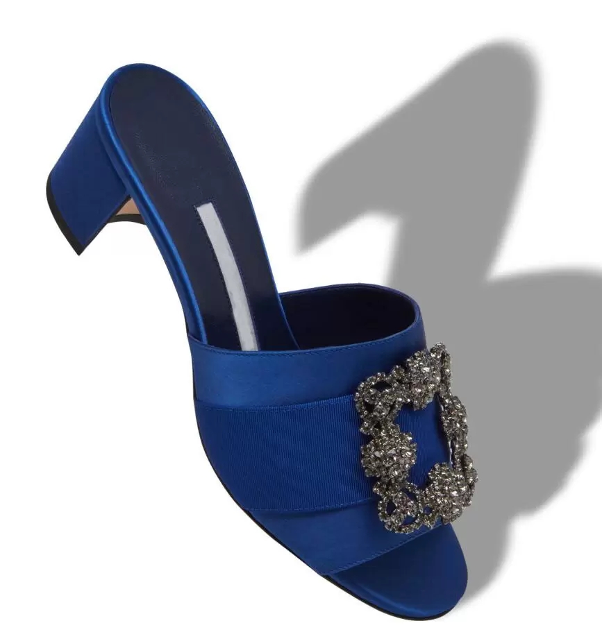 

Fashion Summer Martanew Satin Sandals Shoes For Women Jewel Buckle Square Crystal Mules Slip-on Block Heels Lady Sexy Walking