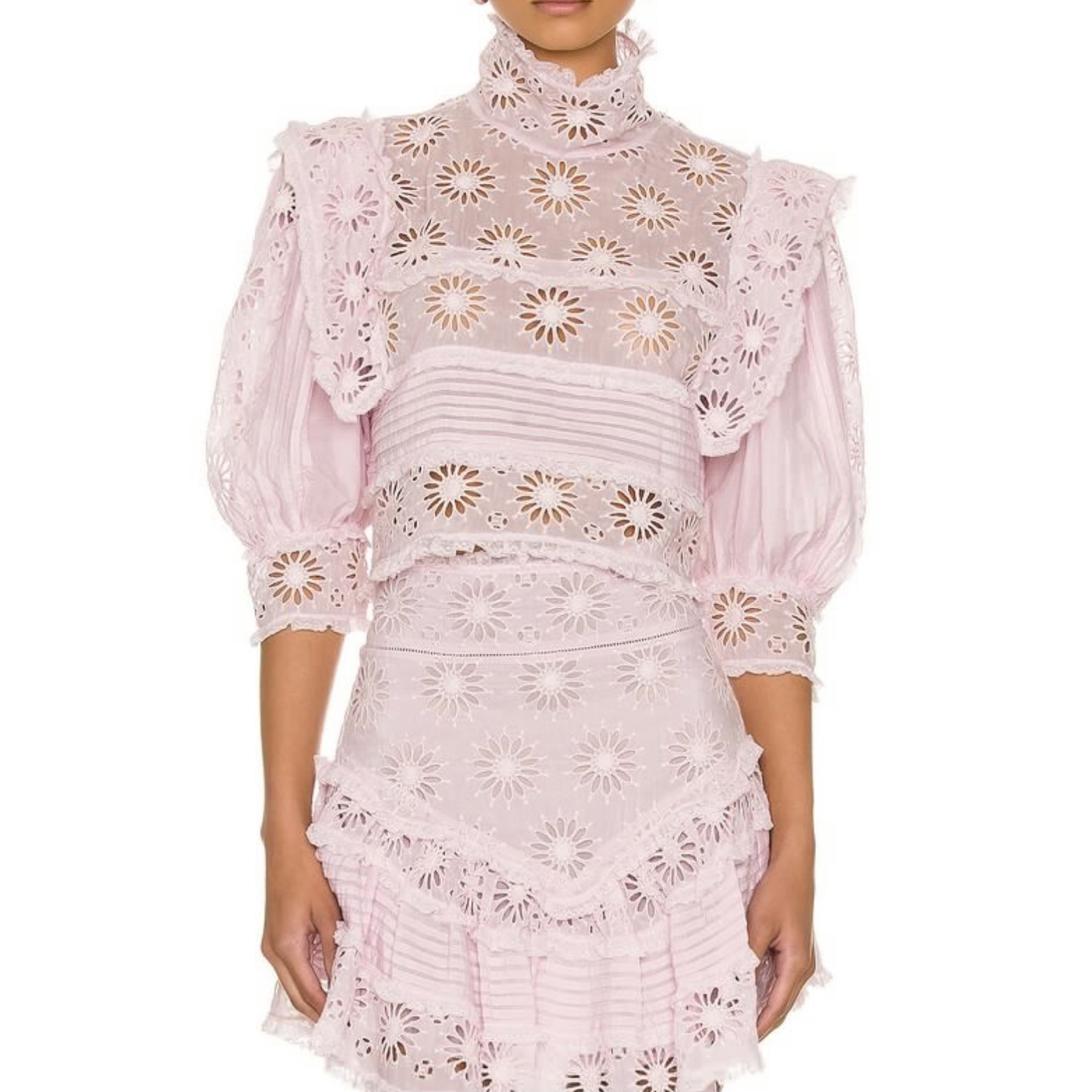 

Women's Blouses & Shirts Embroidered hollow-out lace lantern sleeved cardigan top, Pink