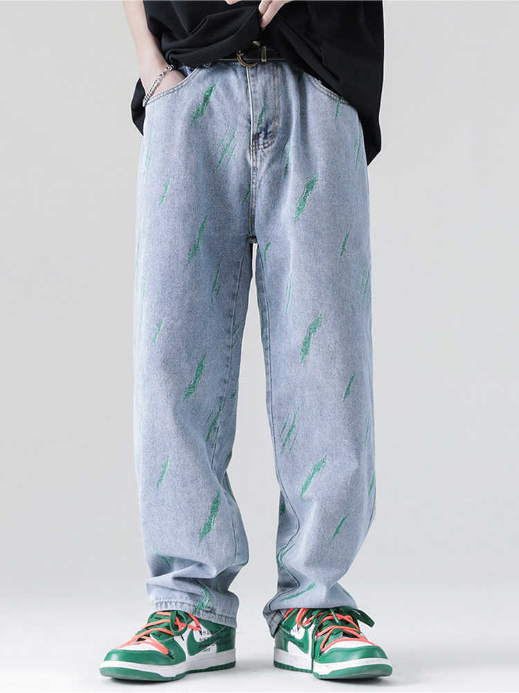 

Men's Jeans Men's Clothing Graffiti Men's Wide leg Jeans Casual Men Straight Jeans Fashion Hip hop Street Loose Pants Boyfriend Wind Jeans Z0225, Blue