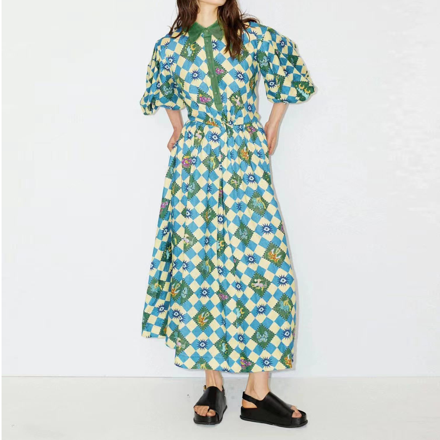 

2023 Fancy dress Womens floral Printed Gathered Waist lapel neck lantern Sleeve Fit&Flare long Dress, Green