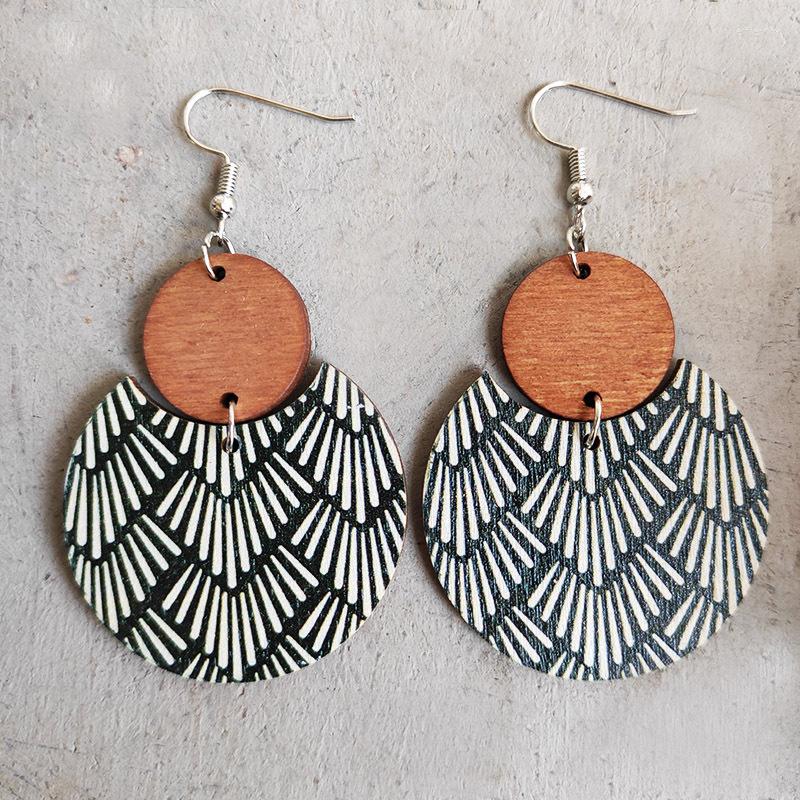 

Dangle Earrings BOHO MODERN CIRCLE WOOD Neutral Colored Black And White Stripes For Women Bohemia Wooden Jewelry Laser Cut
