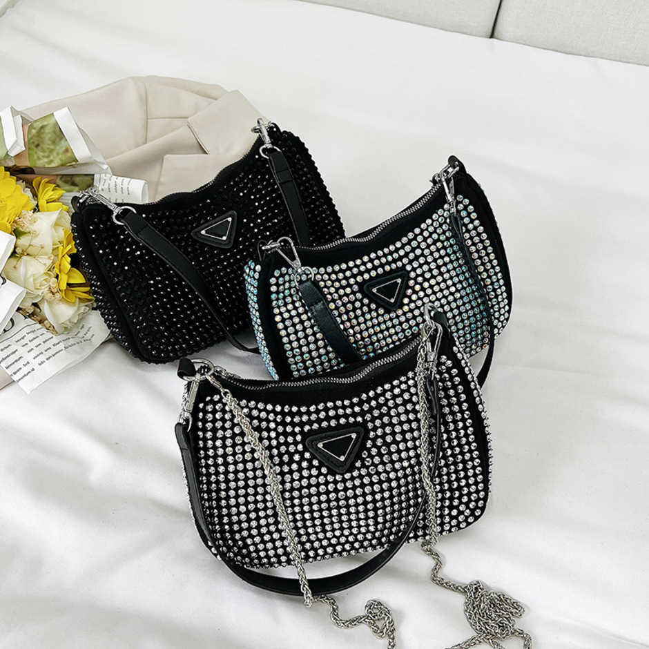 

High quality luxury fashion bag Hand Autumn HoBo armpit Full with diamond One shoulder women's Zipper dinner satchelHigh, Black7