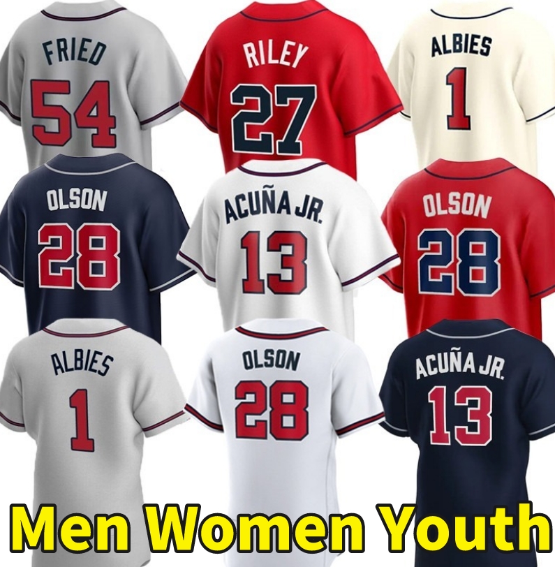 

Custom 28 Matt Olson Baseball Jerseys 13 Ronald Acuna Jr. Austin Riley Ozzie Albies Chipper Jones Max Fried Vaughn Grissom Sean Murphy Eddie