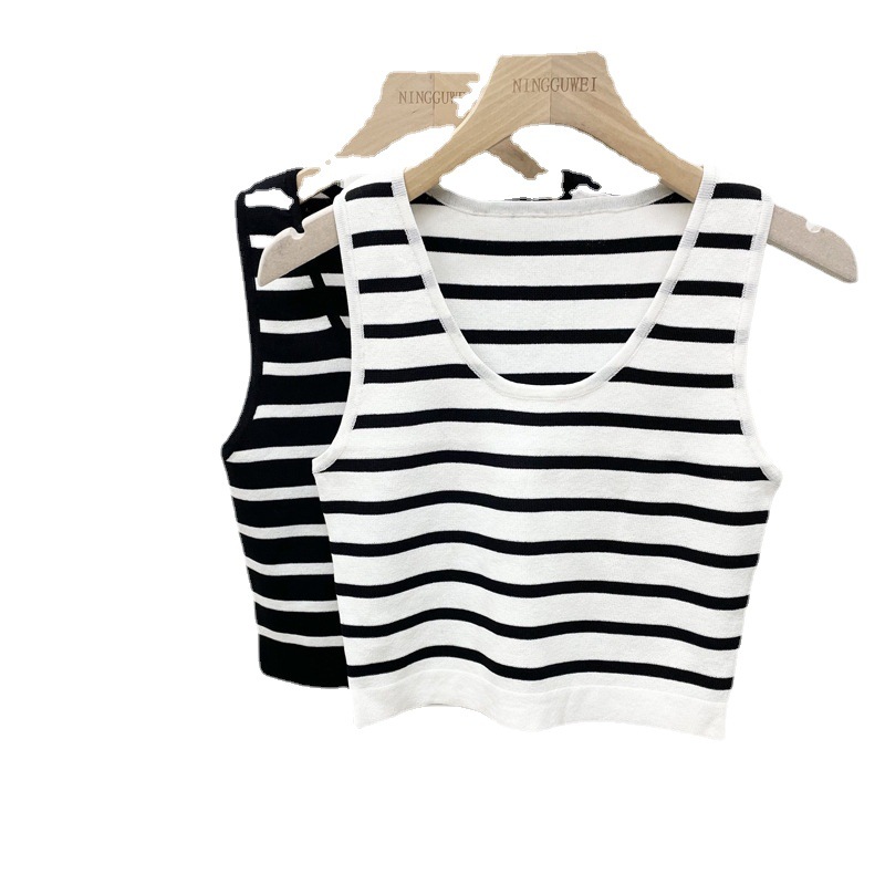 

Ice Silk Women Undershirt Thin Summer Striped Slim Crew Neck Knitted Short Style Sleeveless Top Outside To Wear, Multi