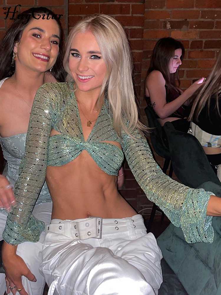 

Hugcitar Bling Glitter Sequins Bell Long Sleeve Lace Up Crop Top Blouse Y2K Clothes Backless See Through Autumn Winter Club 0225, Green